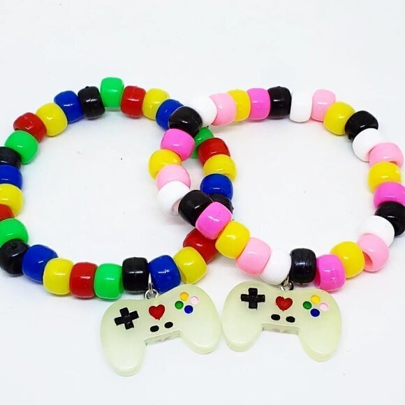 Kandi Bracelet Couple Set with Glow in Dark Game Controller Charms - Picture 1 of 4